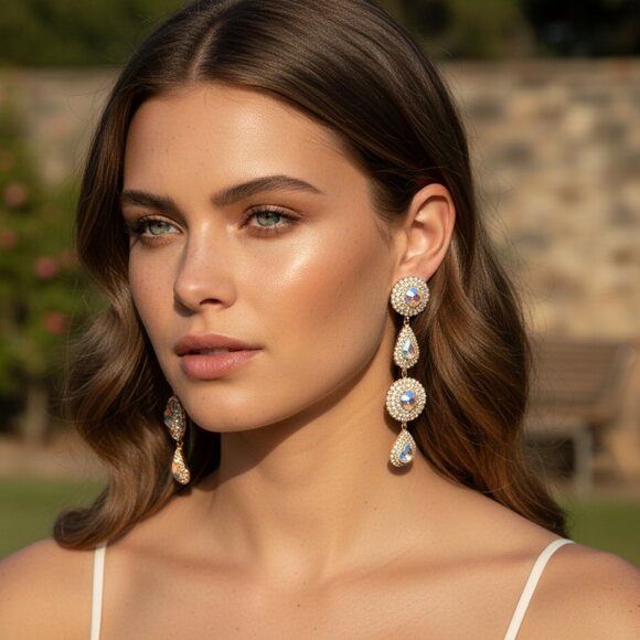 AURORA BOREALIS CZ Gold Teardrop Discs Statement Earrings Evening Wedding - Picture 12 of 12